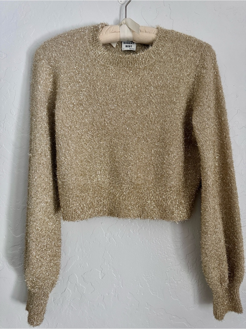 Aritzia Sunday Best Metallic Gold Cream Cropped Sweater Small
